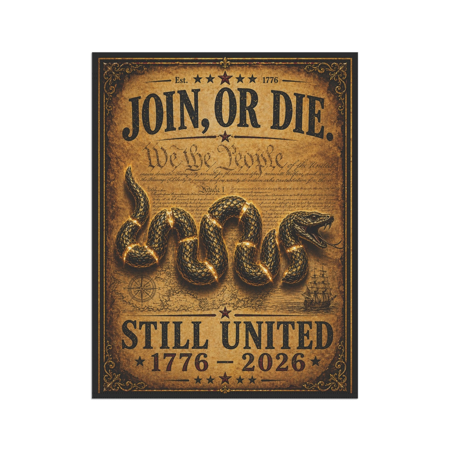 Join, Or Die Garden Flag — Patriotic 1776–2026 Unity Banner