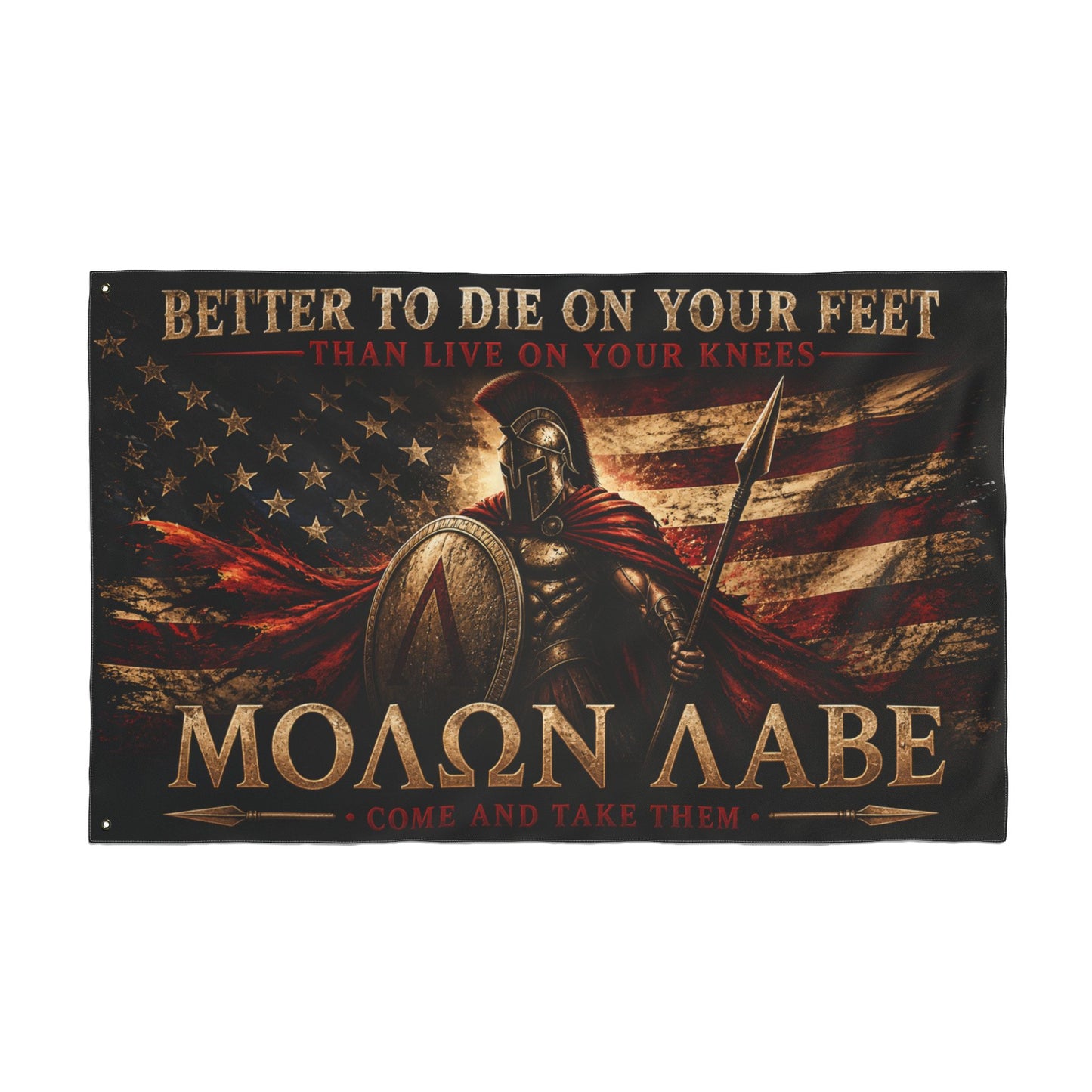 Molon Labe Spartan Flag – "Better to Die on Your Feet" Double-Sided Patriotic Banner