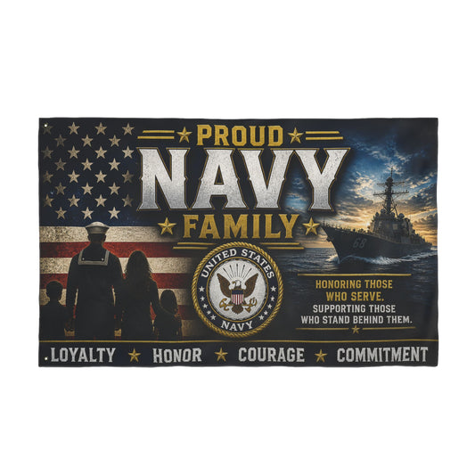 Proud Navy Family Flag — Double-Sided Military Garden Banner (Loyalty Honor Courage Commitment)