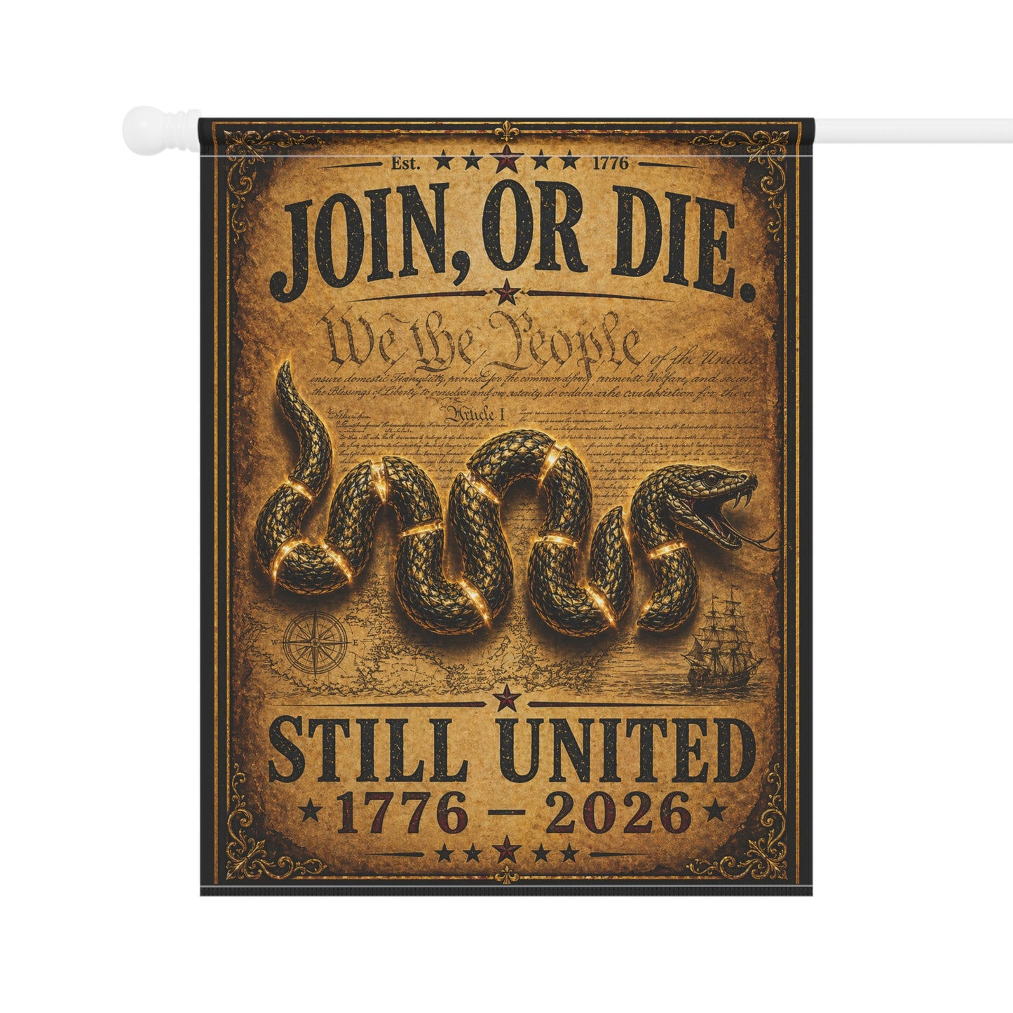 Join, Or Die Garden Flag — Patriotic 1776–2026 Unity Banner