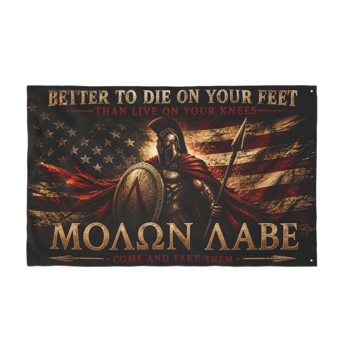 Molon Labe Spartan Flag – "Better to Die on Your Feet" Double-Sided Patriotic Banner