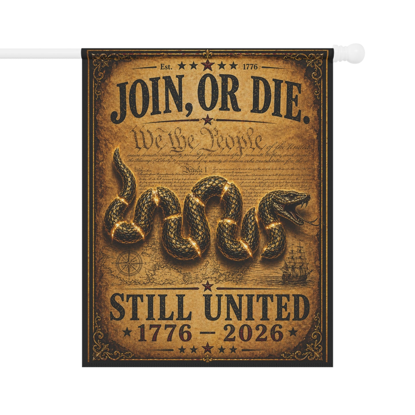Join, Or Die Garden Flag — Patriotic 1776–2026 Unity Banner