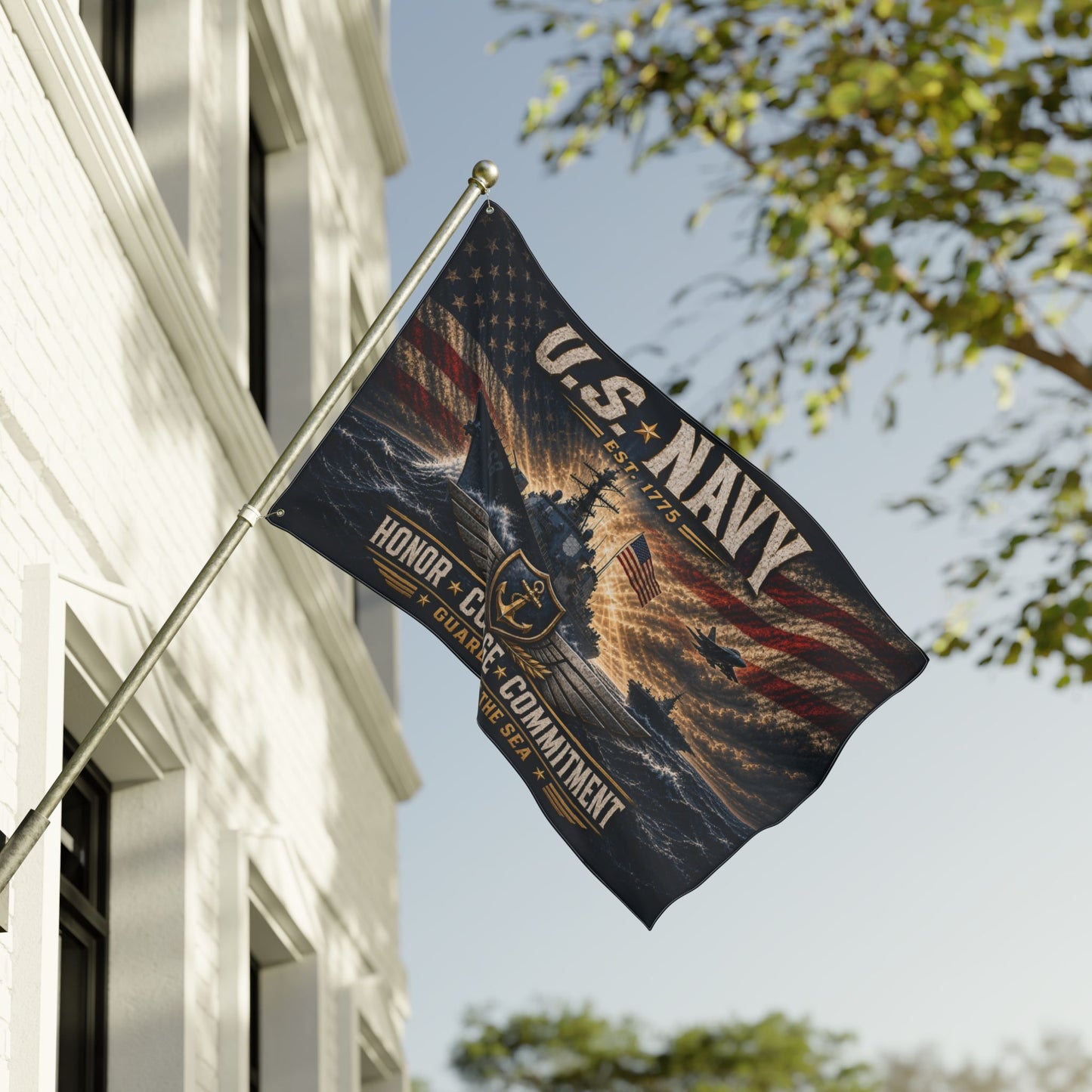 U.S. Navy Double-Sided Flag — Honor • Courage • Commitment Patriotic Naval Banner