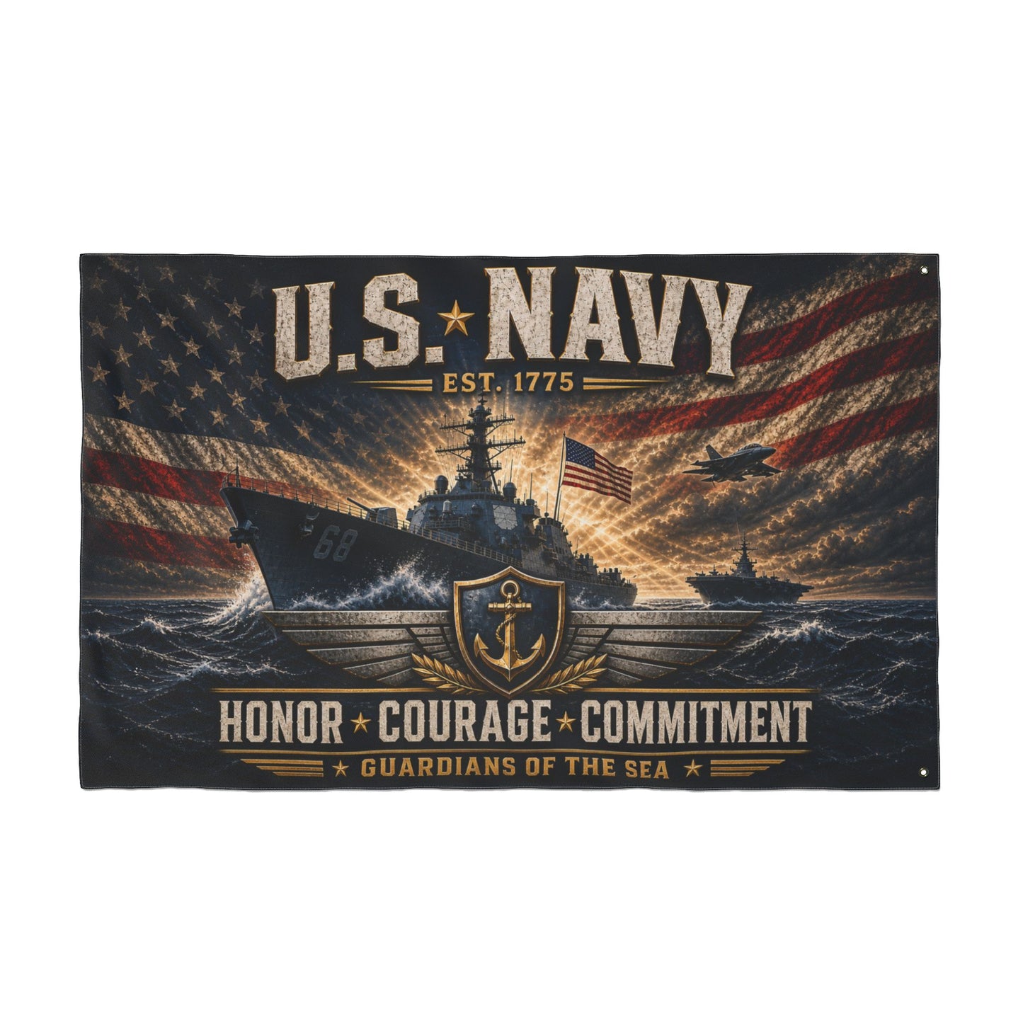 U.S. Navy Double-Sided Flag — Honor • Courage • Commitment Patriotic Naval Banner