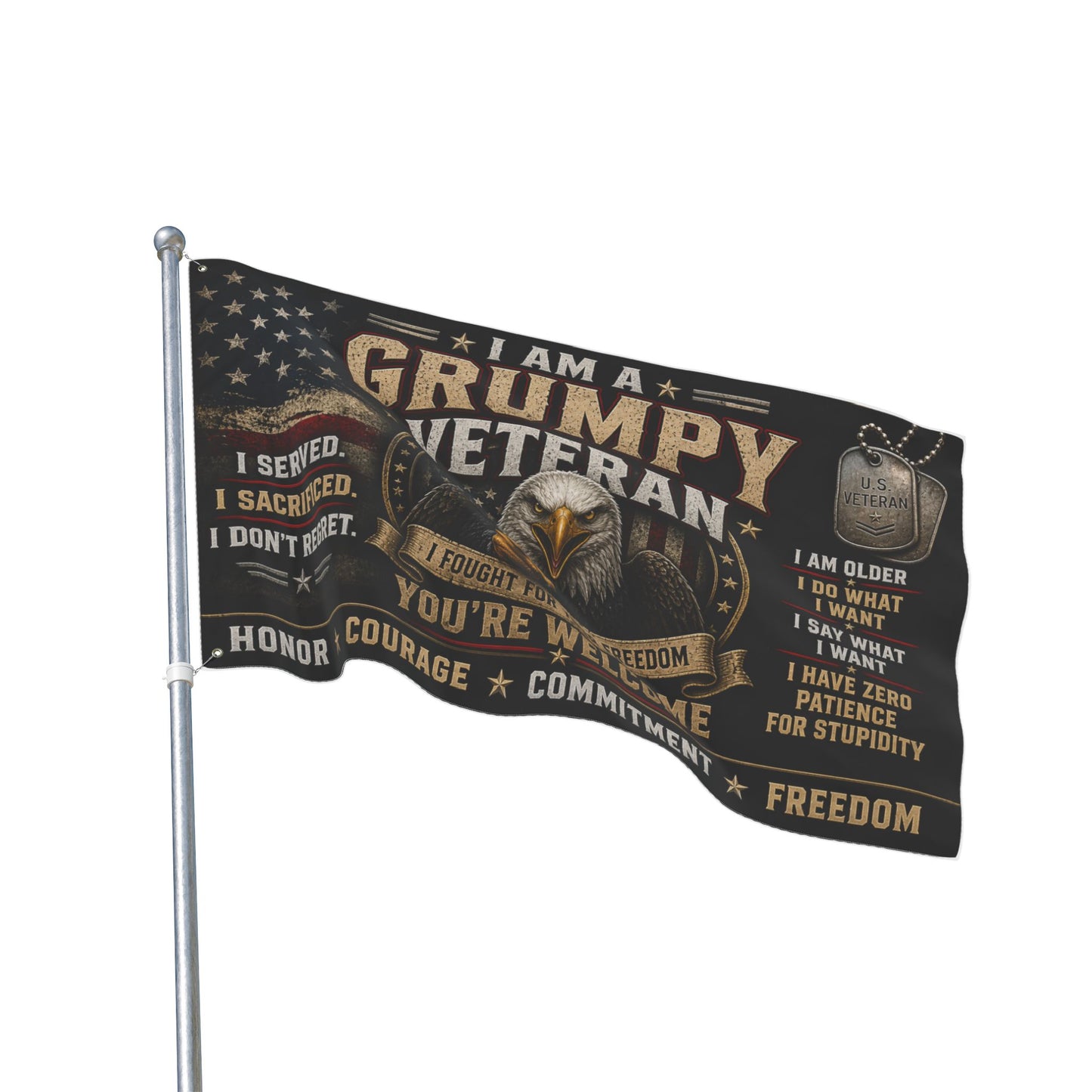 Grumpy Veteran Double-Sided Flag — I Served, I Sacrificed Patriotic Yard Banner