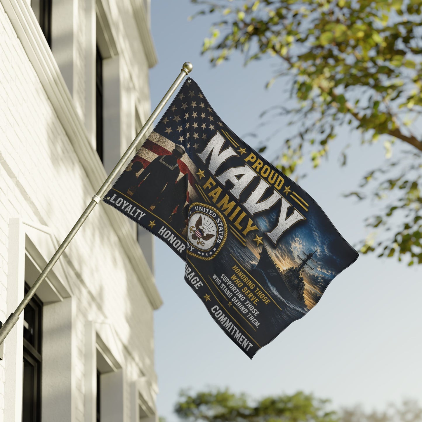 Proud Navy Family Flag — Double-Sided Military Garden Banner (Loyalty Honor Courage Commitment)