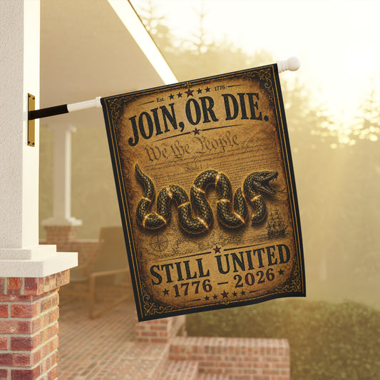 Join, Or Die Garden Flag — Patriotic 1776–2026 Unity Banner