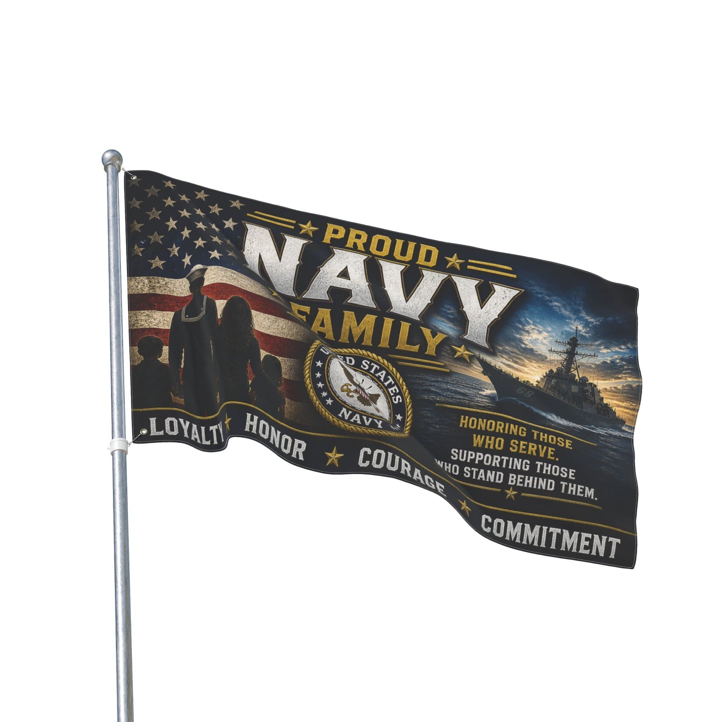 Proud Navy Family Flag — Double-Sided Military Garden Banner (Loyalty Honor Courage Commitment)