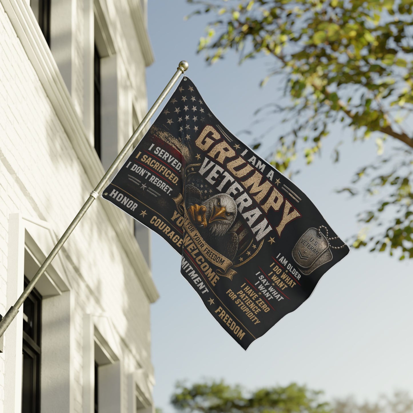 Grumpy Veteran Double-Sided Flag — I Served, I Sacrificed Patriotic Yard Banner